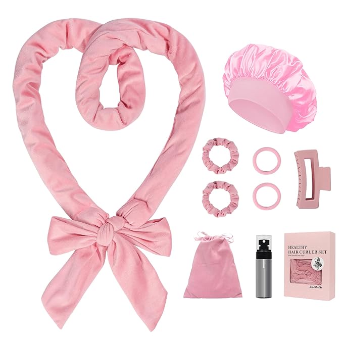 ZILAMPU No Heat Overnight Curl Headband, 70" Soft Wave Hair Rollers for Long Hair, 9 PCS Hair Curling Rods Gift Set - Pink