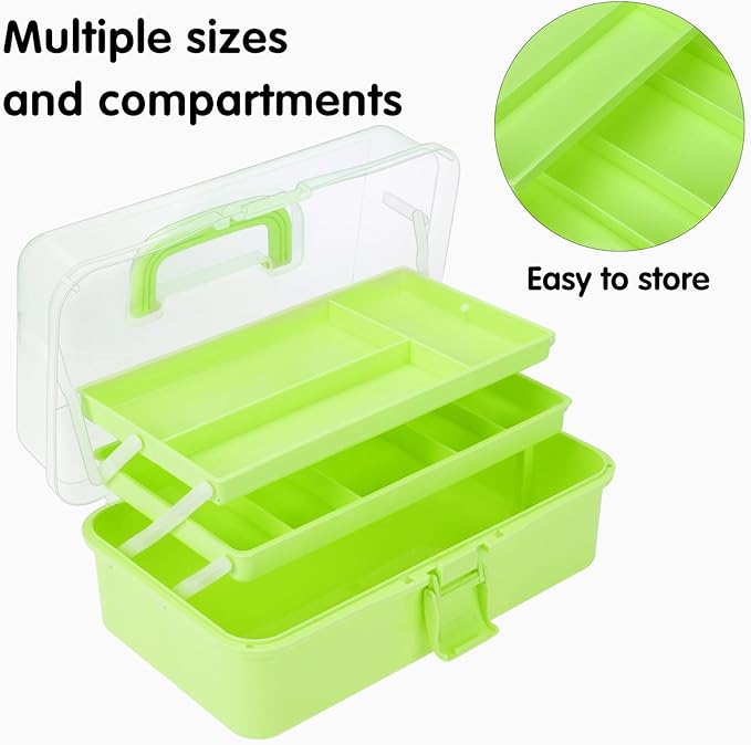 OUTUXED 12.5inch 3-Layer Multipurpose Craft Organizers, Portable Folding Toolbox, Plastic Tool Box with Handle for Sewing Supplies, Medicine, Art Supplies, Nails and Hair Accessories(Green)