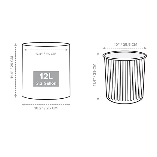 Modern Round Waste Basket - 3.2Gal/12.1L Open Top Trash Bin - Gray Garbage Can with Removable Plastic Bin Liner - Touchless Bathroom Garbage Can or Trash Can for Kitchen - Minimalist Office Trash Can