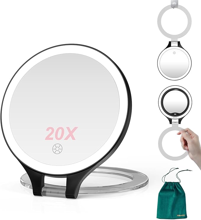 Mocado Travel Makeup Mirror with Light, 1X/20X Magnifying, Double Sided, 3 Color Light, Dimmable Touch, Rechargeable, Tabletop Standing, Black, Modern Style