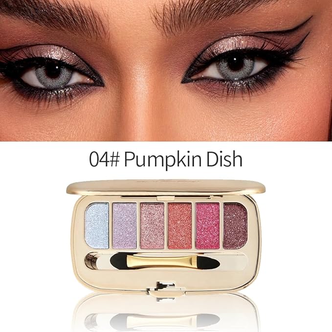 6-Color Glitter Eyeshadow Palette – High Pigment Shimmer Metallic Eye Shadow Kit, Long-Lasting Blendable Sparkle Shades for Daily Makeup, Party Glam, Festival & Creative Eye Looks 04#