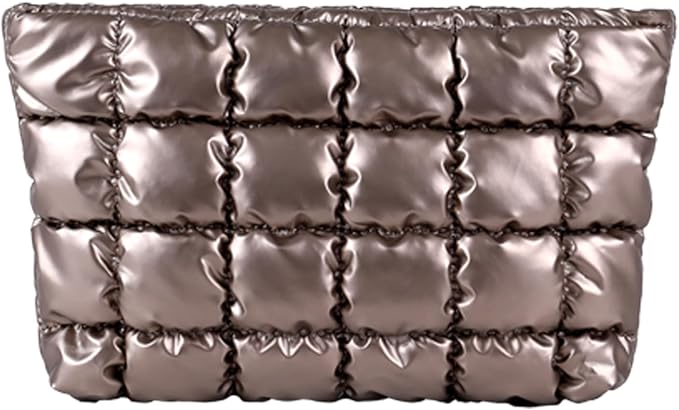 Puffy Quilted Makeup Bag, Cosmetic Bag, Travel Toiletry Organizer Pouch, Clutch for Women (Gold)
