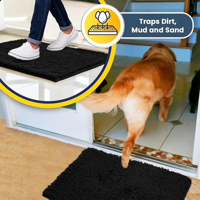 Muddy Mat® 2-Piece Black Medium 30"X19" AS-SEEN-ON-TV Highly Absorbent Microfiber Door Mat, Bath Mat and Pet Rug, Non Slip Thick Washable, Soft Chenille for Kitchen Bathroom Bedroom Indoor and Outdoor