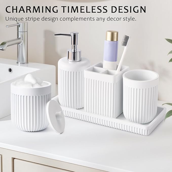 XLHOMO 8-Piece White Bathroom Set - Resin Bathroom Accessories Sets Complete with Shower Curtain and Rugs, Soap Dispenser, Toothbrush Holder, Cup, Tray & Cotton Swab Jars