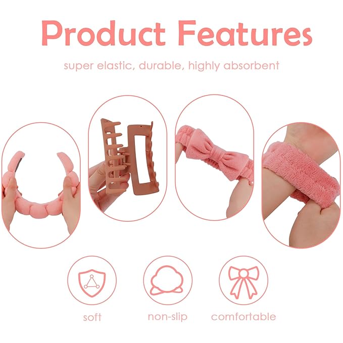 Canitor Spa Headband Wrist Bands Set with Hair Clips Skincare for Washing Face Skin Care Puffy Makeup Headband Preppy Teen Girl Gifts Cute Trendy Stuff Hair Accessories for Women