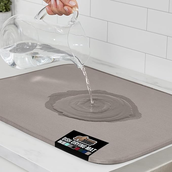 GORILLA GRIP Ultra Water Absorbent Microfiber Dish Drying Mat, Quick Dry Thick Mesh, Slip Resistant Pad for Sink Dishes or Under Rack, Kitchen Counter Accessories, Machine Wash Mats, 18x16, Almond