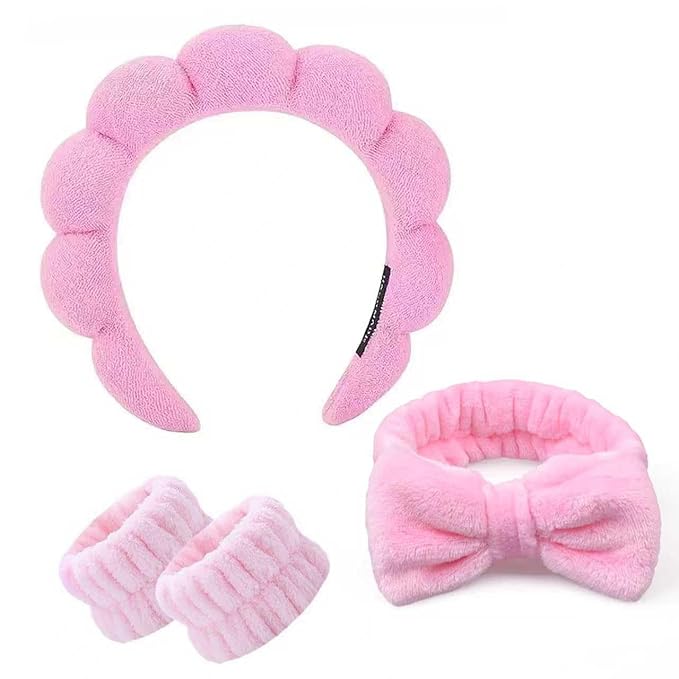 Spa Headband and Wristband Set for Women,Terry Cloth Sponge Headband for Washing Face,Makeup,Facial Mask and Skincare (Pink (4pcs), One Size)