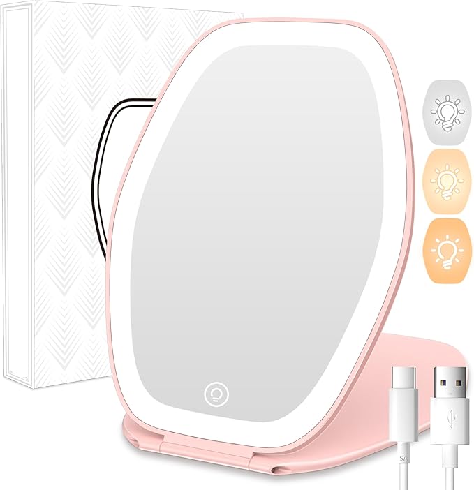 Travel Makeup Mirror with Light: 3 Color Lighting Portable Mirror with Touch Screen Rechargeable Adjustable LED Lights Hexagon Vanity Mirror for Travel, Desk, Home (Pink)
