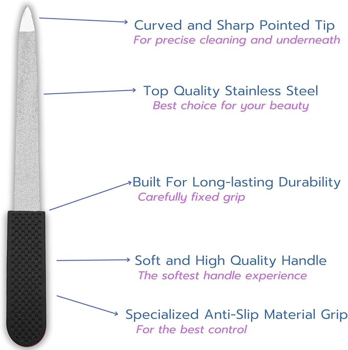 Professional Sapphire Black Nail File – Fine & Coarse, 5" Stainless Steel, Double-Sided Metal File, Ergonomic Non-Slip Handle, for Natural, Gel, Acrylic Nails, Manicure & Pedicure Tool