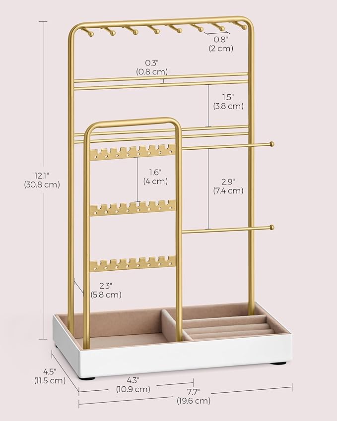 SONGMICS Set of 2 Jewelry Holders, Jewelry Organizers Display Stands with Metal Frame, Velvet Tray, Necklace Earring Bracelet Holders, for Studs, Rings, Gift Idea, Pale Gold UJJS021A01V1-2J