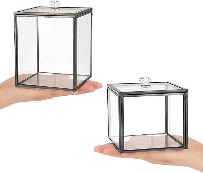 Hipiwe 2 Pack Glass Qtip Holder Dispenser With Lid Metal Bathroom Containers for Cotton Balls Makeup Sponges Bath Salts Candles Vanity Canisters Countertop Storage Organizer Jar, Black