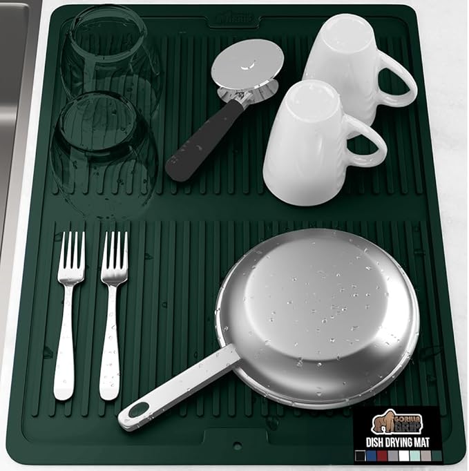 GORILLA GRIP 100% BPA-Free Silicone Dish Drying Mat for Kitchen Counter, 18x24, Quick Dry, Water Catching Ribbed Design, Easy Clean Waterproof Sink Liner, Heat Resistant, Fits Under Rack, Hunter Green