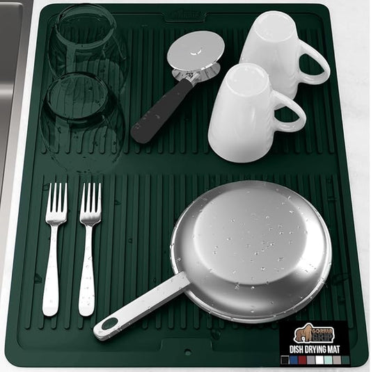 GORILLA GRIP 100% BPA-Free Silicone Dish Drying Mat for Kitchen Counter, 18x24, Quick Dry, Water Catching Ribbed Design, Easy Clean Waterproof Sink Liner, Heat Resistant, Fits Under Rack, Hunter Green