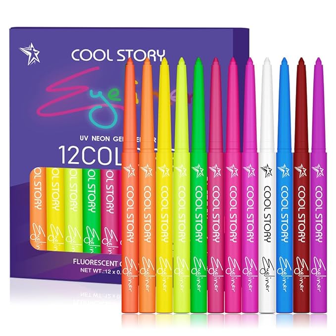 12 Colors UV Neon Eyeliner – Festival Makeup, Glow in the Dark, Waterproof & Smudge-Proof, Colorful Liquid Eyeliner for Face & Body Art, Rave Party, Cosplay, Halloween