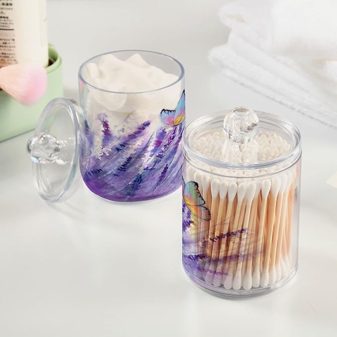 4 Pack Qtip Holder Dispenser Lavender Butterfly Purple Bathroom Storage Canister Lid Acrylic Plastic Apothecary Jar Set Vanity Makeup Organizer for Cotton Swab/Ball/Pad/Floss