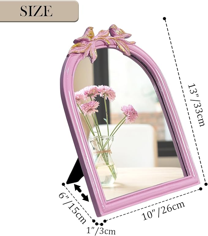 Pink Bird Bow Mirror - 13x10 Inch Perfect Elegant Decorative Accent, Wall-Mounted Tabletop Makeup Mirror for Nursery Baby Room Bedroom Decor