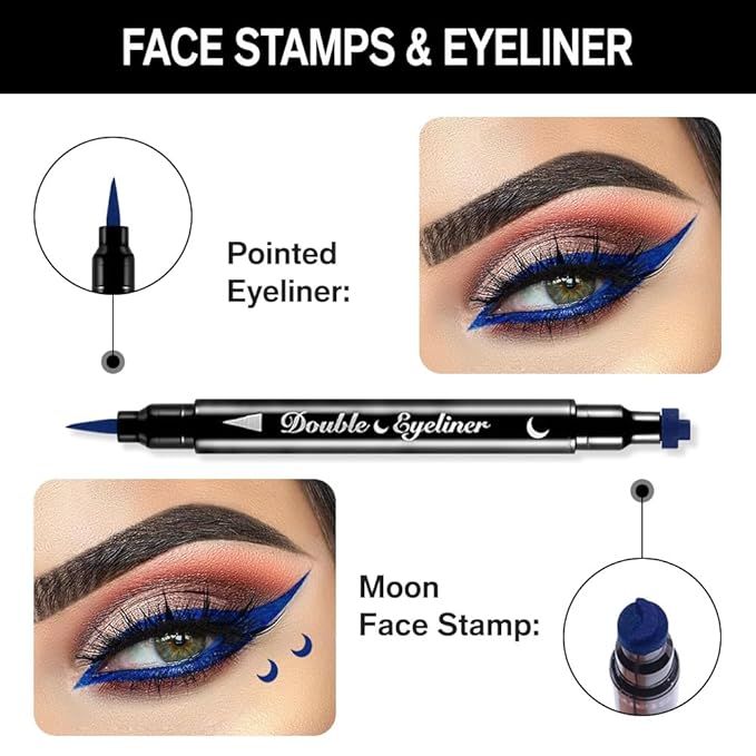 evpct 1Pcs Blue Colored Winged Eyeliners Stamp, Blue Moon Face Stamps Makeup Eyeliner Eye Stamp Liners Tool Set Kit for Women Waterproof, Wing Eyeliner Stamp Figures Tool Wingliner Shapes, 06#