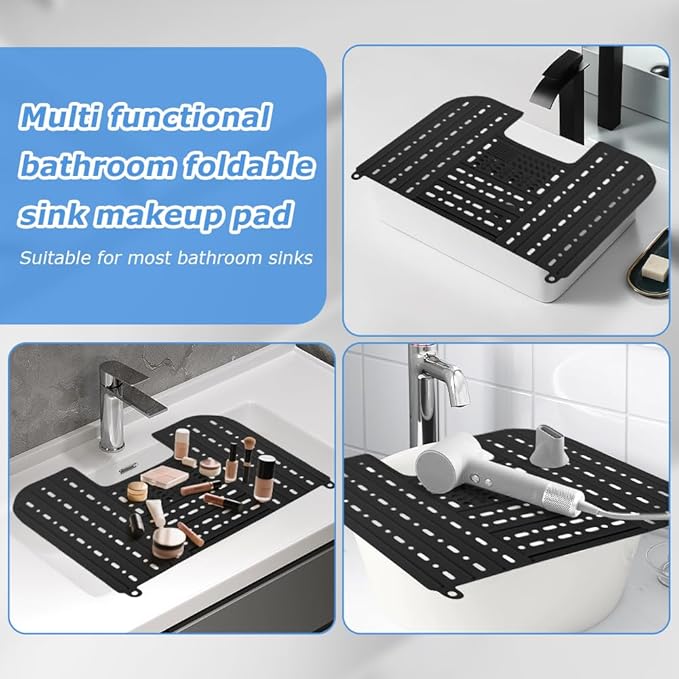 Bathroom Sink Cover for Counter Space With Storage Bag, 22 * 17" Foldable Sink Cover,Silicone Beauty Makeup Brush Cleaning Mat,for Counter Space & Storage Saver(black)