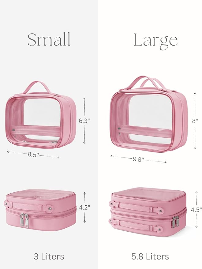Oaque Clear Cosmetic Bag Double Layer Travel Toiletry Bag Clear Makeup Bag Case with 4 Compartments, Transparent Travel Bag for Toiletries, Large Toiletry Bag for Women Cosmetic Case (Pink, Large)
