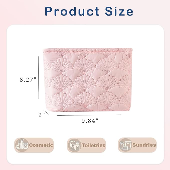 uekeboag Pink Quilted Cotton Makeup Pouch,Coquette Quilted Toiletry Bag for Women and Girls, Floral Coquette Organizer Bag, Aesthetic Travel Cosmetic Bags(Pink Shells)