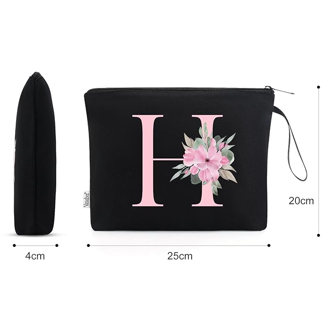 Vavabox A-Z Personalized Makeup Bag, Birthday Gifts for Women Mom, Gifts for Best Friend, Bride Bridesmaid Cosmetic bag (H, Black)