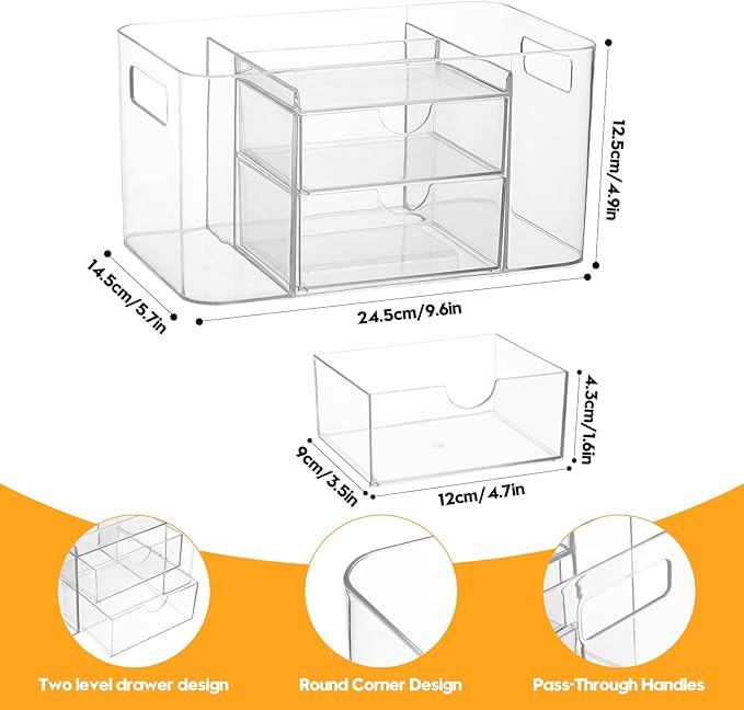2-Drawer Hair Accessories Organizer, Large Capacity Clear Acrylic Vanity Organizer with 3 Compartments, Hair Brush Holder for Hair Ties, Clips, Scrunchies and Bobby Pins