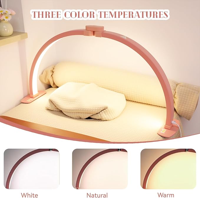 Foldable Large Half Moon LED Light for Table Nail Desk with Phone Stand, Upgrade Arch Light for Nail Techs with Wire Controller for Manicure Tattoo Beauty (Pink,Large)