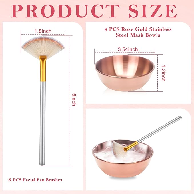 16 Pcs Rose Gold Esthetician Supplies 8 Facial Fan Brushes Esthetician 8 Rose Gold Stainless Steel Mixing Bowls Face Mask Brush Facial Bowls Esthetician for Mud Cream Makeup Spa Salon Women