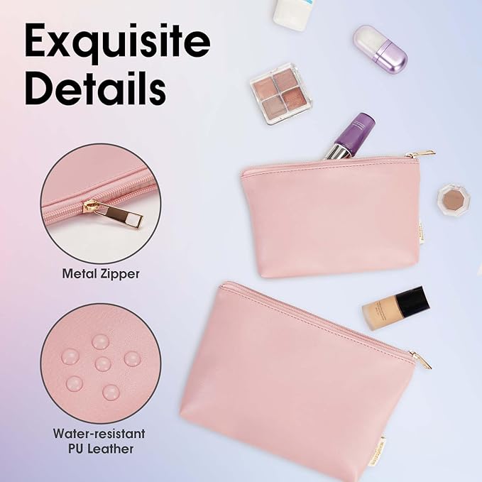 Wandering Nature Makeup Bag Small Cosmetic Bag for Purse 2 Pack Small Make Up Pouch Vegan Leather Cute Travel Pouch with Zipper for Women, Pink