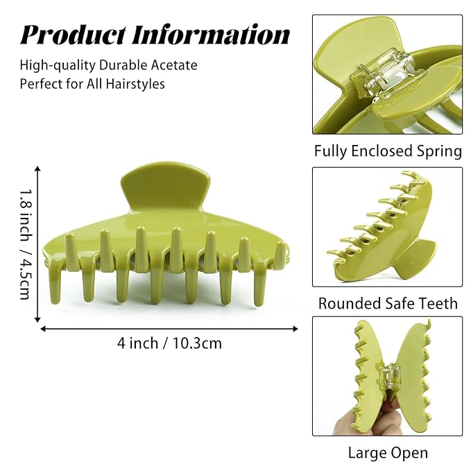 MAORULU Cute Claw Clip for Women – 4'' Large Acetate Hair Clips for Thick Thin Curly Long Hair, Durable Hair Clamps Non-slip Y2K Jaw Clip, Strong Hold, Stylish French Design (Avocado)