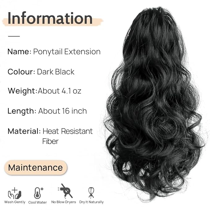 Claw Clip Ponytail Extension 16" Wavy Clips in Hair Extensions Curly Synthetic Pony Tails Fluffy Faux Ponytails Wigs Natural Hairpieces for Women Wedding Party Daily Use 6 Oz Dark Black