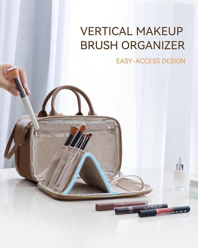 Prite Makeup Bag for Women, Large Capacity Waterproof Travel Cosmetic Organizer, Portable Open Flat Toiletry Bag with Free-standing Brush Holder and Handle(Brown Large)