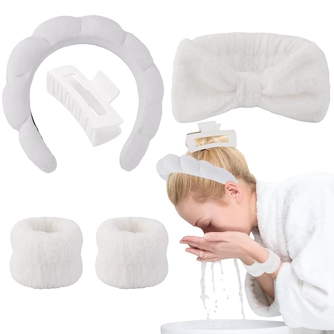 Canitor Spa Headband Wrist Bands with Hair Clips White Non Slip Puffy Terry Cloth Makeup Skincare for Washing Face Skin Care Preppy Teen Girl Gifts Women Cute Trendy Stuff Stocking Stuffer