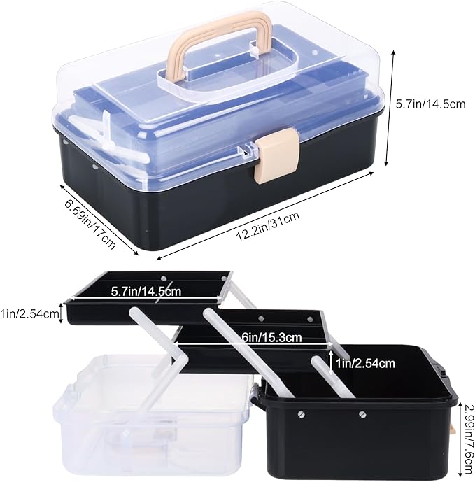 OUTUXED 12.5inch 3-Layer Multipurpose Craft Organizers, Portable Folding Toolbox, Plastic Tool Box with Handle for Sewing Supplies, Medicine, Art Supplies, Nails and Hair Accessories(Black)