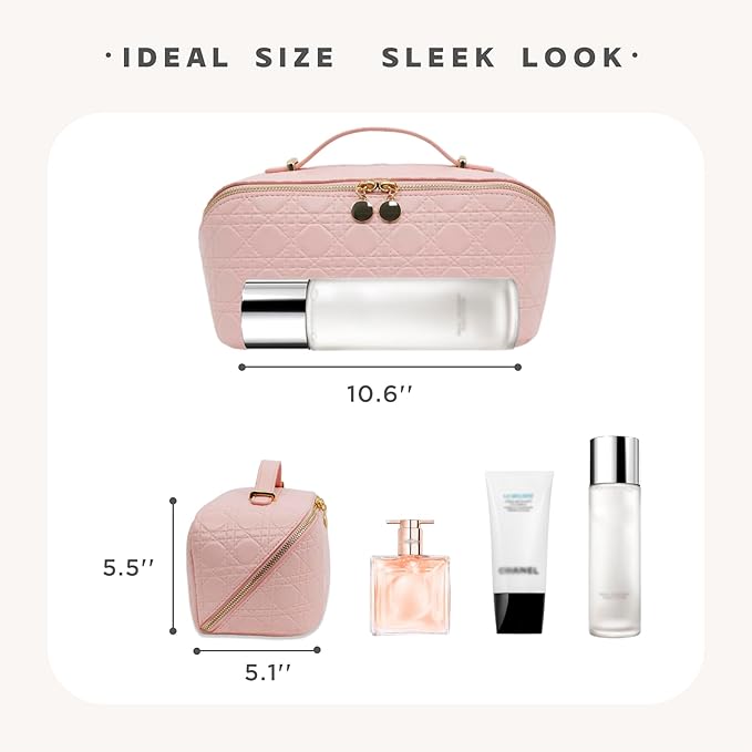 JINYIBAGS Travel Makeup Bag – Large Cosmetic Organizer with Waterproof PU Leather, Smooth Double Zipper & Tear-Resistant Lining, Toiletry Pouch for Women (Pink)
