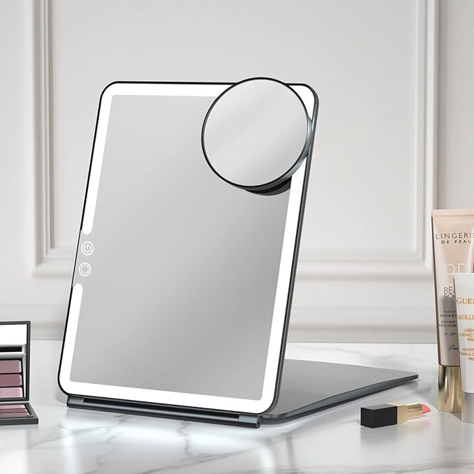 FUNTOUCH 10x7.5 Portable Large Travel Makeup Mirror with Light, 1800mAh Rechargeable Lighted Travel Makeup Mirrors with 3 Color Lights, Dimmable Folding Light Up Make up Mirror with Small 10x Mirror
