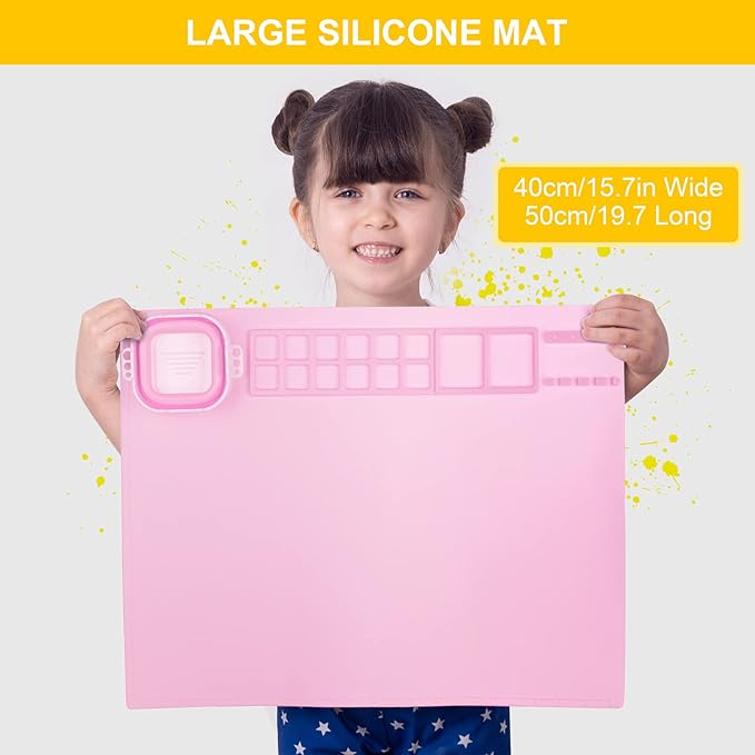Silicone Painting Mat, Art Mat with Cup, Craft Paint Brush Cleaner Tool, Artist for Kids Gift Clay DIY Creations, Gift Packaged (Pink)