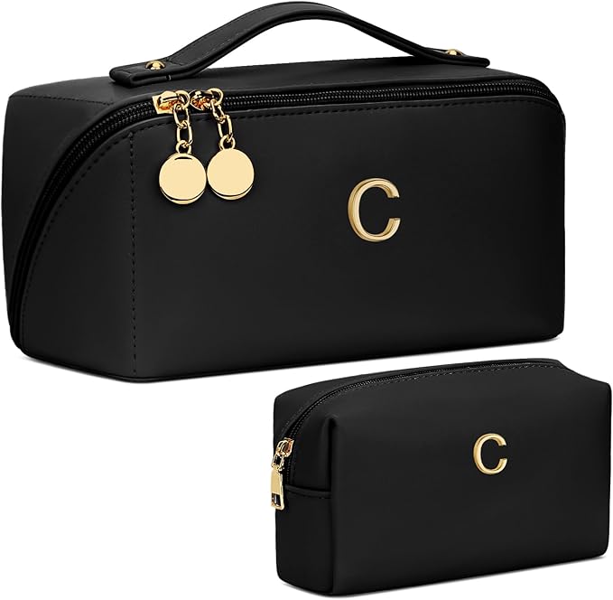 Birthday Gifts for Women Teen Girl, Personalized Initial Makeup Organizer Bag Set, Open Flat Travel Cosmetic Bag With Clear Divider and Handle(Black,C)