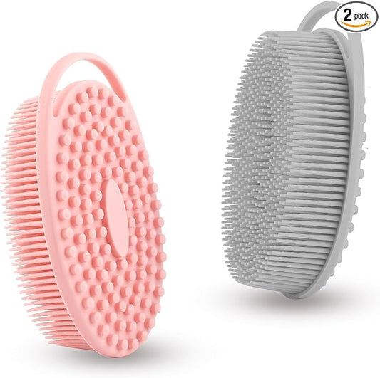 Silicone Body Scrubber, Exfoliating Silicone Loofah, Soft Silicone Body Shower, 2 in 1 Bath and Shampoo Brush, Body Scrubber Shower Cleaning for Sensitive Skin, Lather Well 2 PCS Grey and Pink
