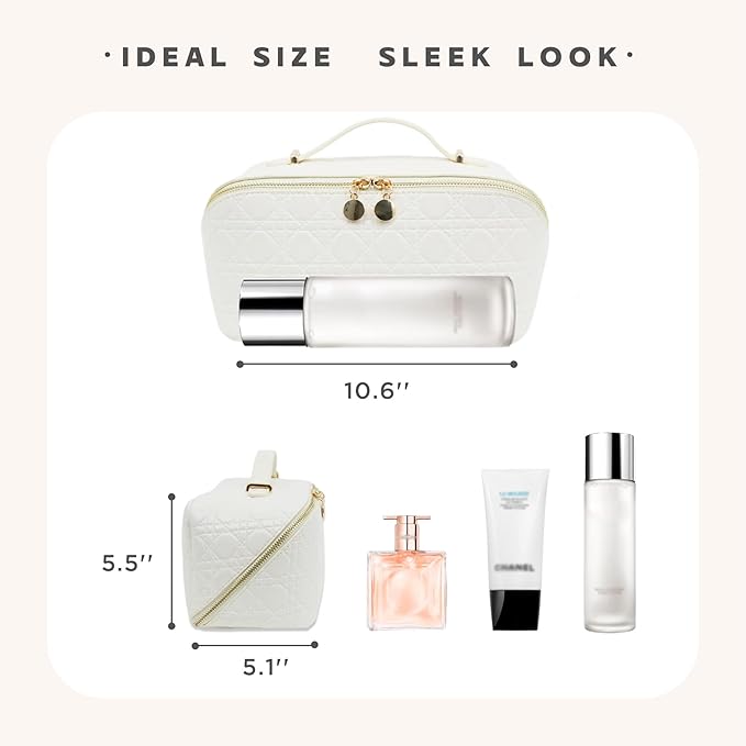 JINYIBAGS Travel Makeup Bag – Large Cosmetic Organizer with Waterproof PU Leather, Smooth Double Zipper & Tear-Resistant Lining, Toiletry Pouch for Women (White)