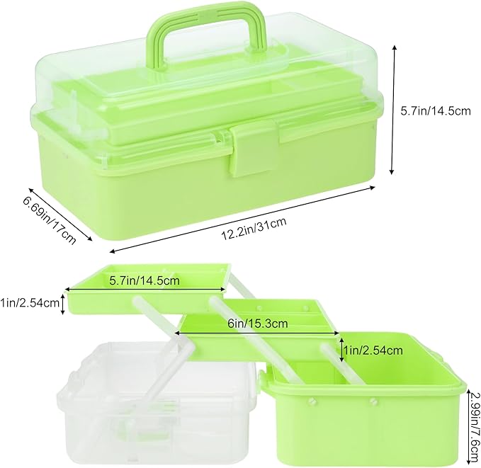 OUTUXED 12.5inch 3-Layer Multipurpose Craft Organizers, Portable Folding Toolbox, Plastic Tool Box with Handle for Sewing Supplies, Medicine, Art Supplies, Nails and Hair Accessories(Green)