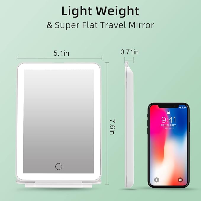 FUNTOUCH Rechargeable Portable Makeup Mirror with 72 LED Lights, Travel Lighted 1X/5X Magnification, 3 Color Lighting,Dimmable Touch Screen, Tabletop Folding Cosmetic Lights