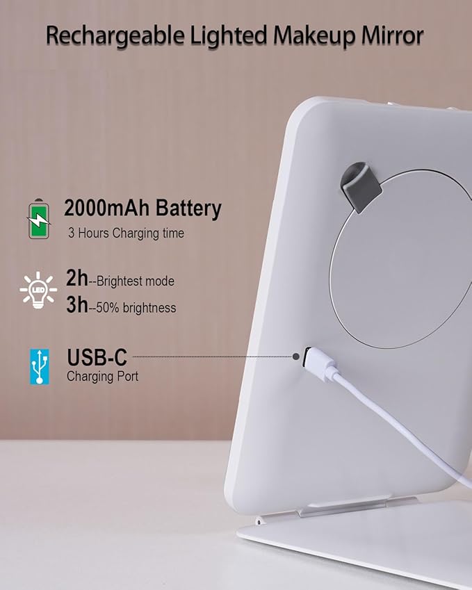 Rechargeable Travel Makeup Mirror with Lights, Portable Lighted Vanity 10X Magnification, 70 LEDs 3 Color Dimmable Touch Screen, Tabletop Folding Compact Cosmetic (White With 2000mah Battery)
