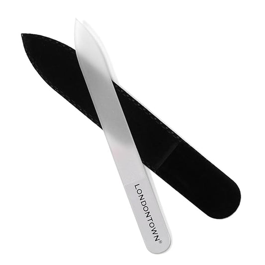 LONDONTOWN Clear Double-Sided Glass Nail File & Care Tool, Professional Grit Etched Crystal Manicure Accessory with Case Pouch