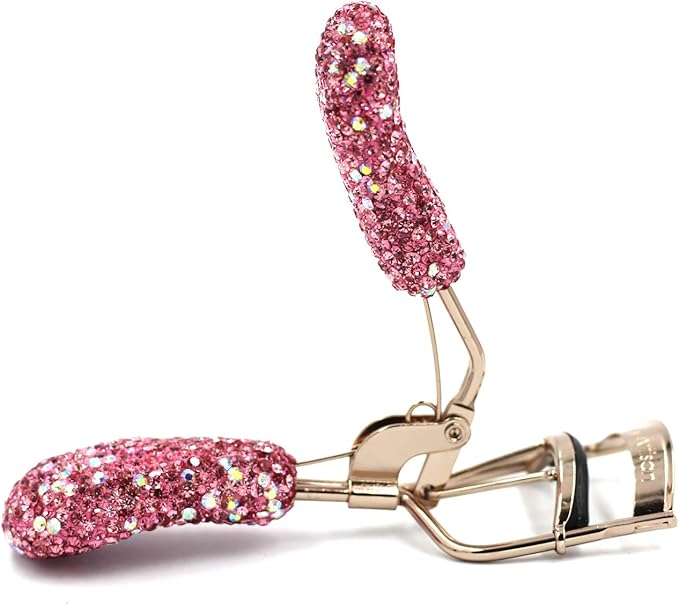 Bling Makeup Eyelash Curler with Refill Silicone Pressure Pads and Spring Loaded for No Pinching or Pulling (Pink)