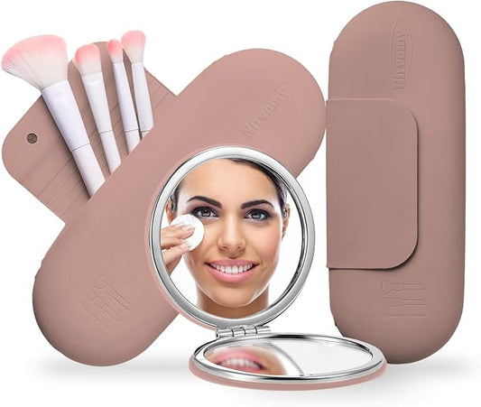 Travel Makeup Brush Holder, Silicone Makeup Brush Organizer, Dirt-Resistant Easy to Clean Makeup Brush Bag with Anti-Fall Out Magnetic Closure, Travel Essentials for Women (Sand Pink)