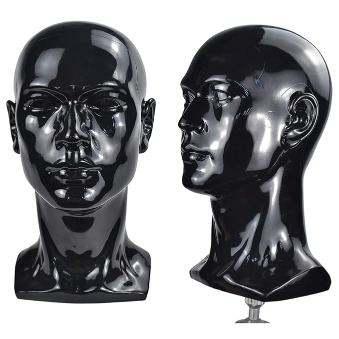 PVC Bright Black Mannequin Head Professional Cosmetology Male Mannequin Head Display Head Stand for Wigs Head for Display Wigs Hair Glases Hat Headset Display Stand(L30-Bright Black)
