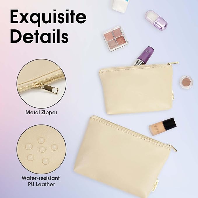 Wandering Nature Makeup Bag Small Cosmetic Bag for Purse 2 Pack Small Make Up Pouch Vegan Leather Cute Travel Pouch with Zipper for Women,Beige
