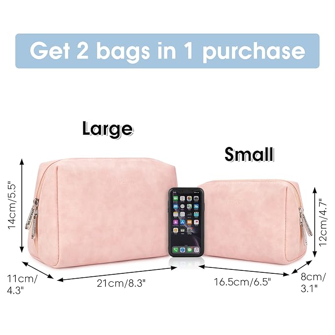 2 Pack Vegan Leather Makeup Bag Zipper Pouch Travel Cosmetic Organizer for Women (Large (Pack of 2), Orange Pink)