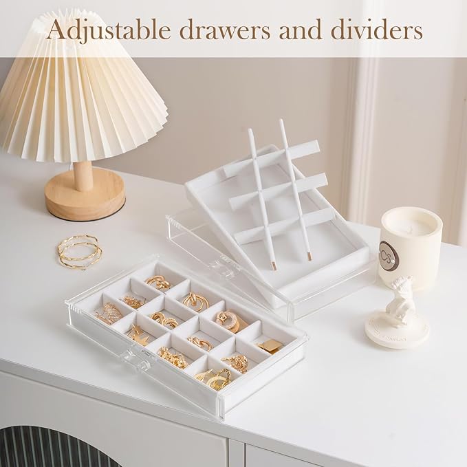 Lolalet Earring Holder Organizer Box Jewelry Storage with 10 Drawers, Clear Acrylic Stackable Earring Case with Adjustable Velvet Trays for Women on Dresser Vanity - Warmwhite,10 Layers